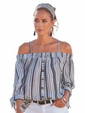 LIKE NEW SIZE L Iz Byer Black and White Striped Off-Shoulder Button Front Blouse
